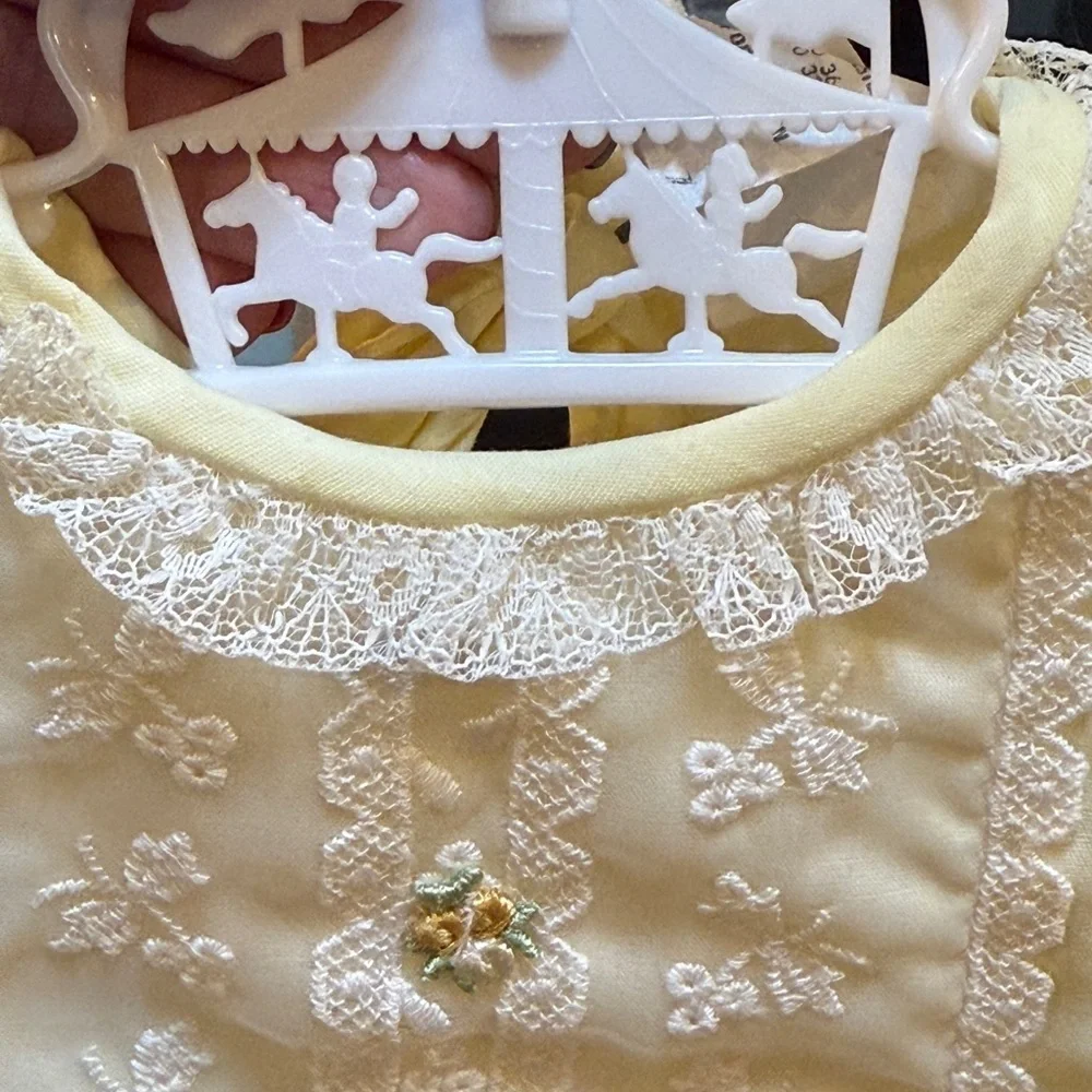 Vintage Sears Fashions for Tiny Tots Pale Yellow Baby Dress with White Lace Trim